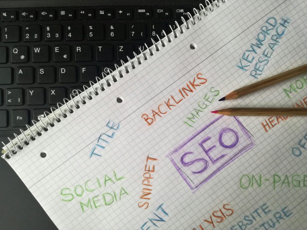 pexels-photo-942331-942331 Close-up of notebook with SEO terms and keywords, highlighting digital marketing strategy.